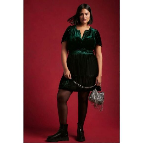 NEW Anthropologie Somerset Velvet V-Neck Smocked Tiered Mini Dress XXS or Medium - Picture 5 of 8